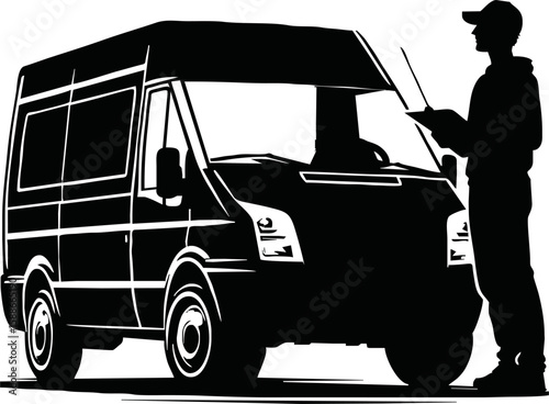 Silhouette of delivery driver with van isolated vector style on white background