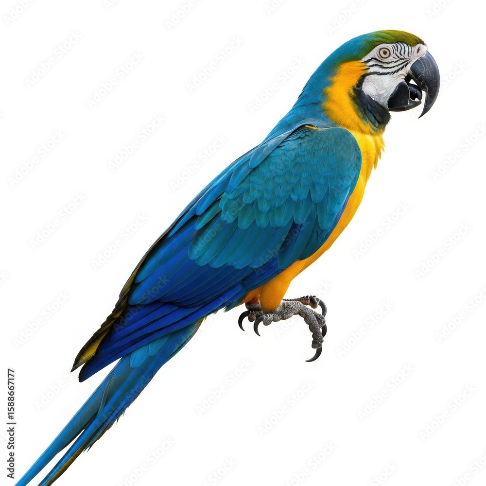 Fototapeta premium Vibrant blue and yellow macaw parrot perched against a clean white background