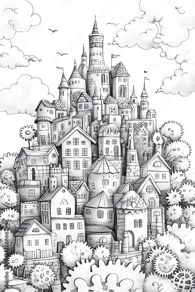 Obraz premium Handdrawn sketch of a town with interconnected houses and gears symbolizing teamwork and collaboration, background design for business and education, ultradetailed, highresolution