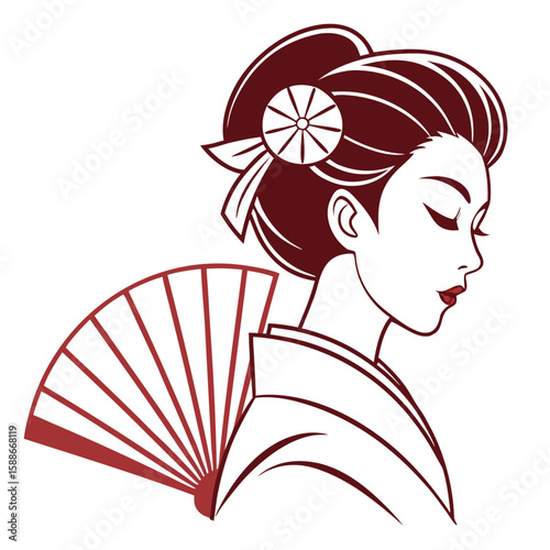 Elegant Geisha: Japanese Woman, Kimono, Fan, Red Silhouette, Asian Art