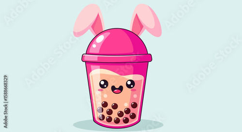cute pink bunny bubble tea illustration