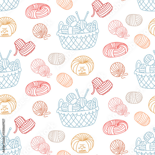 Knitting thread pattern. Various balls yarn in basket, randomly arranged, doodle outline on white. Creative flat seamless design for packaging, branding of knitted items, hand-knitted. Made with love