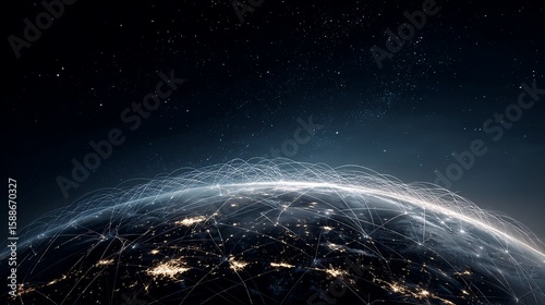 Fototapeta Naklejka Na Ścianę i Meble -  Global network connections over Earth, illuminated cities with connecting lines symbolizing digital communication and data transfer through space.
