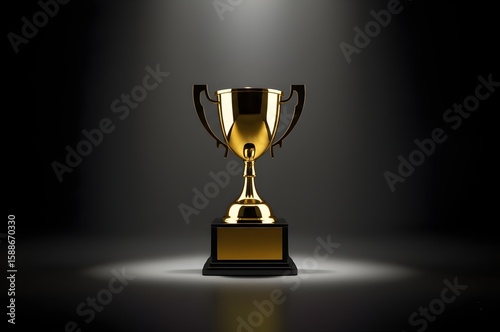 A golden trophy stands illuminated by spotlights on a dark, bokeh-filled background. AI Generative 