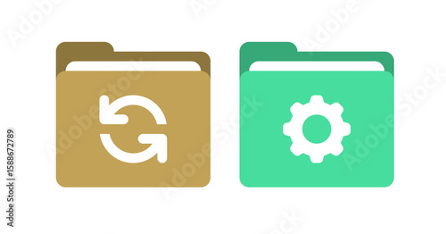 Modern Flat Icons:  File Folder Symbols, Refresh and Settings, Digital Interface Design