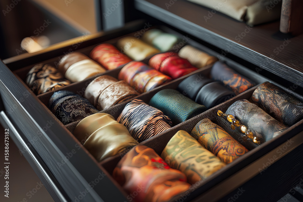 Open drawer inside luxury wardrobe showing rolled scarves and silk accessories arranged in fabric-lined compartments. Open drawer inside luxury wardrobe showing rolled scarves and silk accessories arranged in fabric-lined compartments.