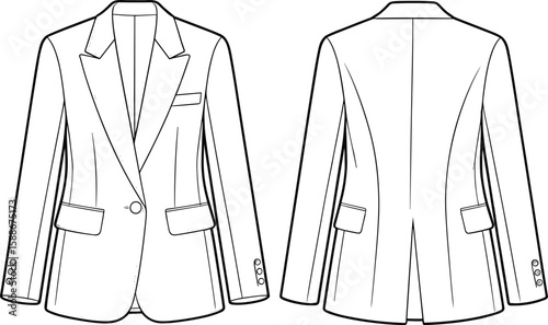 Women’s blazer fashion flat sketch, tailored coat front and back view, vector technical drawing, jacket template for designers