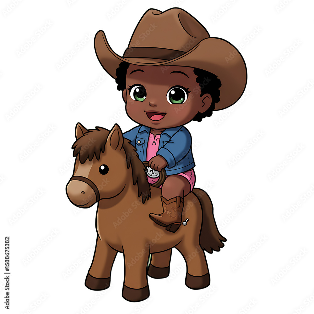 Fototapeta premium Cute Black Skinned Baby Cowgirl Cartoon Green Background