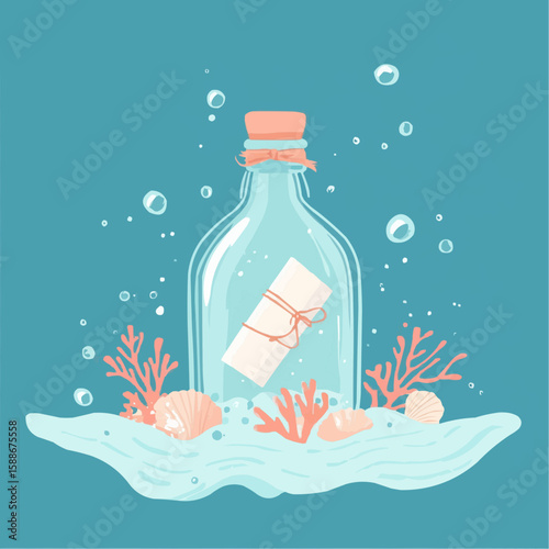 Cartoon bottle with rolled paper floating on calm ocean, surrounded by sparkles and coral, a perfect printable for storytelling sets, kids' summer decor and coastal tags