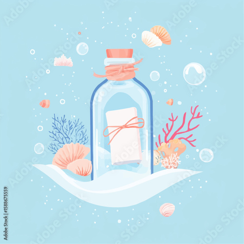 A flat cartoon illustration of a sea bottle floating with a rolled letter inside, soft sparkles and shells around, perfect for kids’ printable storytelling visuals and summer gift tags