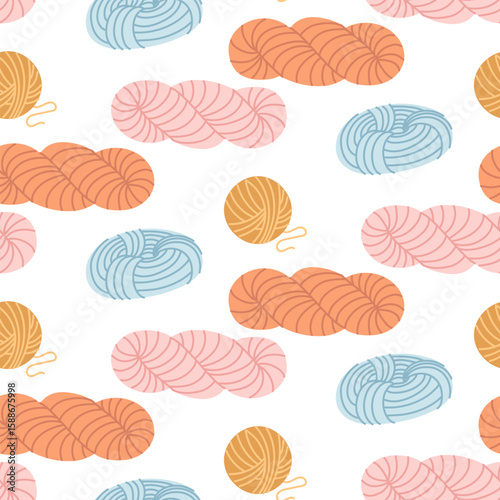 bright flat pattern depicting balls of yarn in various shades of blue, pink, orange, and yellow on white background. Theme knitting. Perfect for decorating textiles or handicrafts. Packaging branding