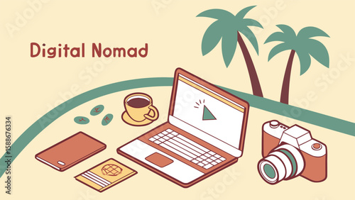 Illustration of a laptop, camera, phone, coffee, passport, and palm trees representing digital nomad life