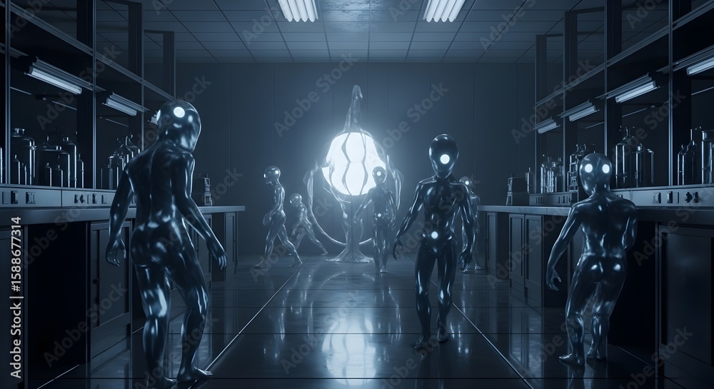 Fototapeta premium Robotic figures surround a glowing orb in a futuristic laboratory setting.