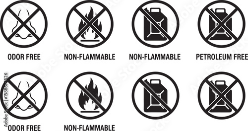 Prohibition symbols for odor non-flammable and petroleum free, prohibition, symbol, odor free, non-flammable, petroleum free, nose, fire, gas can, warning, safety, caution, graphic, icon, black and wh