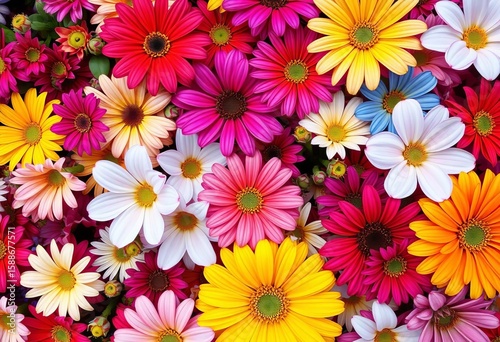 Overhead shot of vibrant, multicolored flowers forming a dense, textured background,  floral arrangement,  textile
