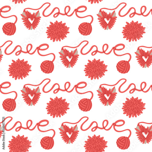 Pompom making pattern with love. thread wound on heart, ball of thread wrote the word. seamless flat colored texture. Love for hand-knitting. Packaging design for a yarn store, people who knit.