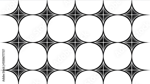 A seamless geometric pattern featuring circles and starbursts creates a modern and abstract background