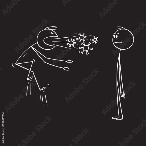Angry stick figure expelling germs at a sad stick figure, a cartoon depiction of contagious illness.