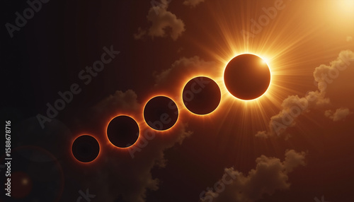 Solar eclipse phases with realistic sun and moon alignment in sky  