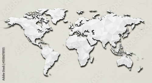 White Polygon World Map On Textured Beige Background Demonstrating Global Connectivity