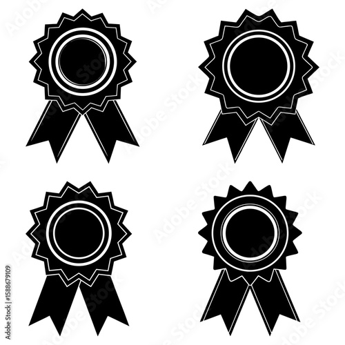 Four black and white rosette awards with ribbon details arranged in a square pattern on white background