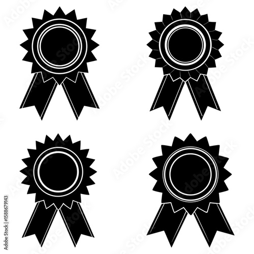 Four black and white rosette awards with ribbons in a grid pattern on a white background image design