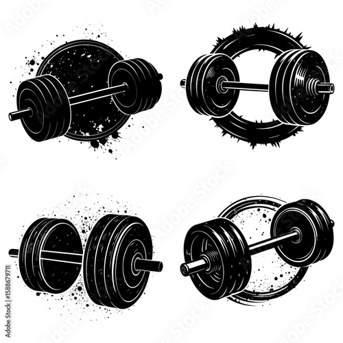 Four monochrome illustrations showcasing different barbell designs with splatter and circle backgrounds elements