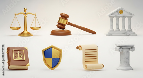 A collection of 3D rendered legal icons, including scales of justice, a gavel, a courthouse, a law book, a shield, a scroll, and a column.