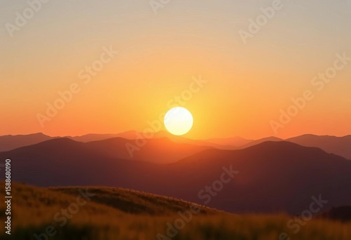 Low-poly sun rising over geometric mountains and hills, summer landscape,  contrast,  serene