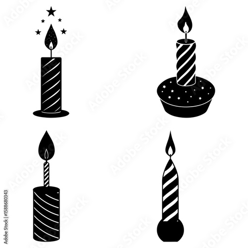 Four silhouette candles with flames and stripes in a square arrangement on a white background image
