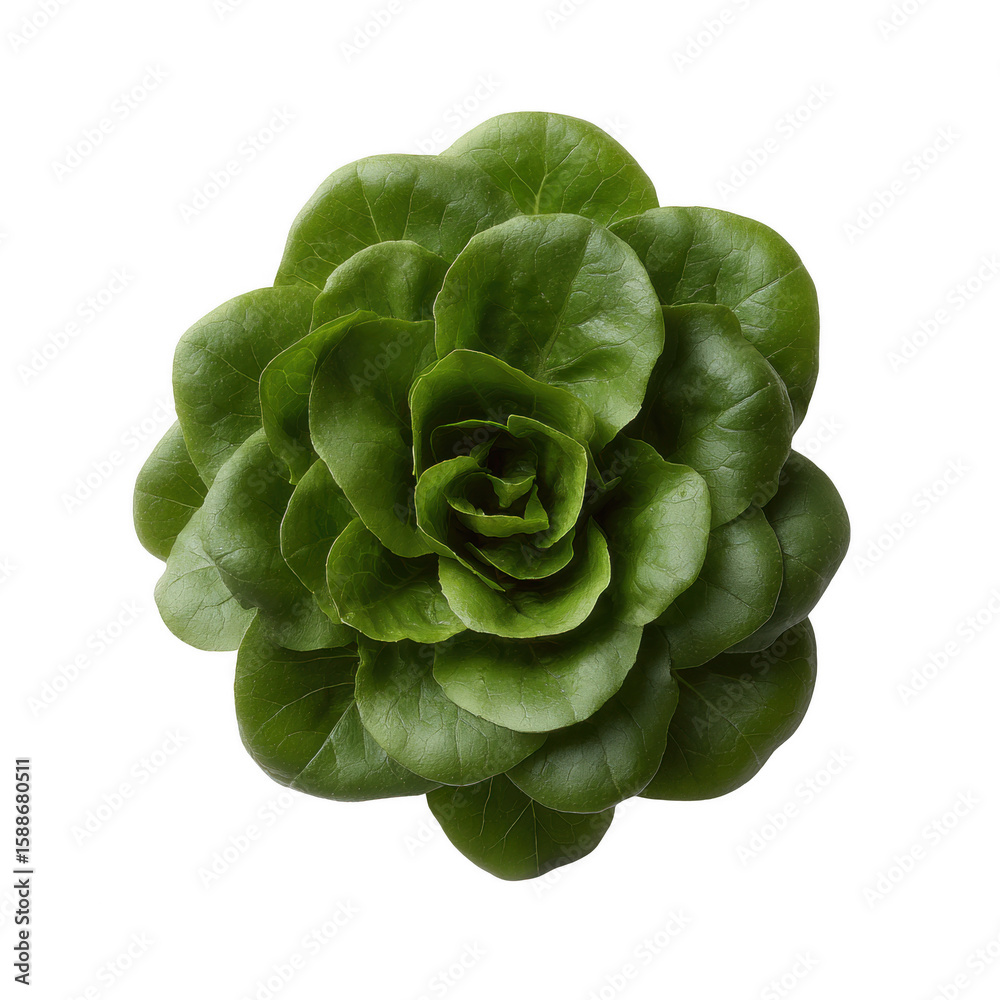 Obraz premium A vibrant green head of lettuce beautifully arranged in layers against a white isolated background, showcasing its fresh, crisp texture and organic appeal, perfect for food photogr