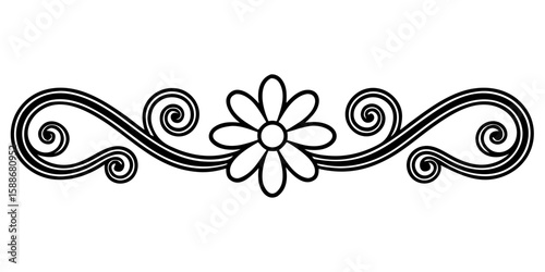 An elegant black horizontal line design with Victorian floral and curly patterns offering a vintage inspired decorative vector element for creative projects.