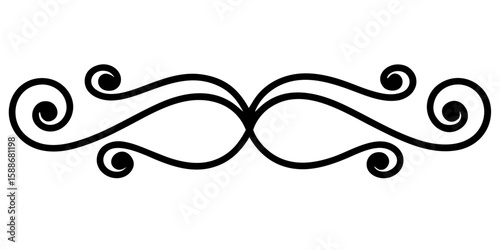 An elegant vintage horizontal vector line art showcasing black decorative curls and a smooth symmetry, reminiscent of classic design elements perfect for adding a touch of sophistication.