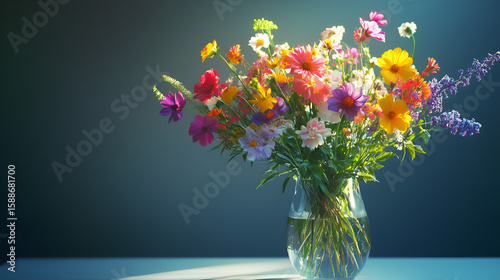 Flowers in a glass vase with clear water set against a dark background