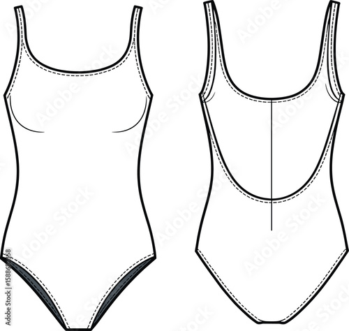 One piece swimsuit flat sketch, front and back technical drawing, vector fashion template for women’s swimwear design, minimal style outline