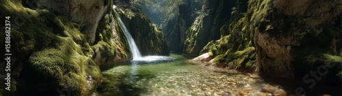 Majestic waterfall enchanted forest 360 degrees hdr panorama serene environment aerial view