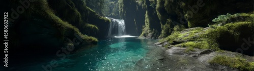 Captivating 360 degrees hdr panorama of a serene waterfall nature landscape hdri view