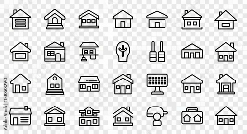 An array of house and building icons illustrating various architectural styles and real estate concepts