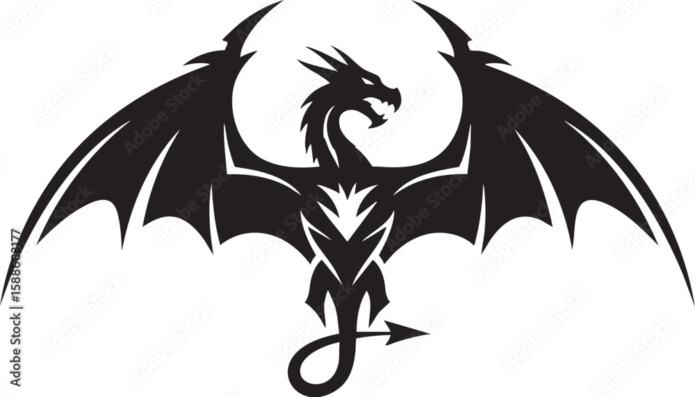 Obraz premium Powerful black dragon silhouette with spread wings and coiled tail on white background