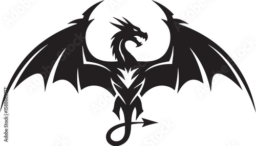 Powerful black dragon silhouette with spread wings and coiled tail on white background