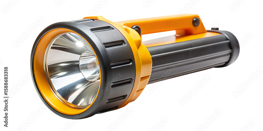 Bright yellow and black battery operated torch with a large reflector isolated on a transparent background Bright yellow and black battery operated torch with a large reflector isolated on a transparent background
