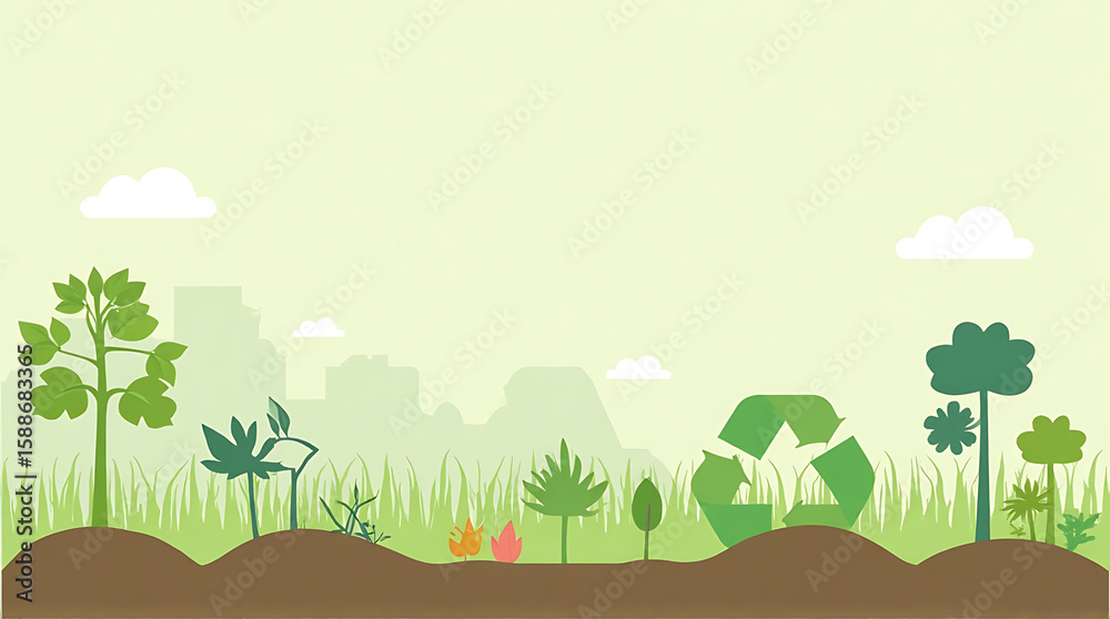 Fototapeta premium Vector Illustration of Ecological Concept with Trees, Plants, and Recycling Symbol