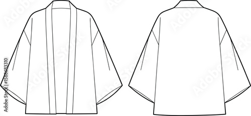 Kimono cardigan flat sketch, front and back technical drawing, fashion garment outline, loose fit outerwear vector template for designers