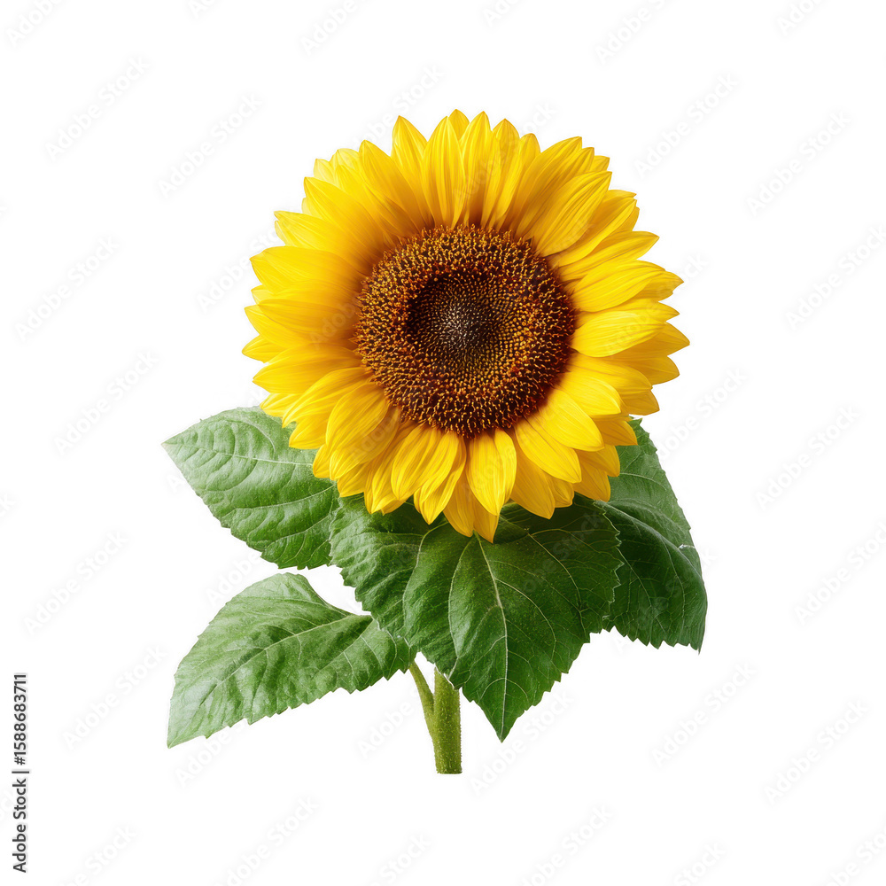 Obraz premium A vibrant sunflower with bright yellow petals and a rich brown center, surrounded by lush green leaves against a white isolated background.