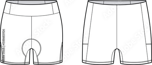 Cycling Shorts Flat Sketch, Front and Back View, Technical Fashion Drawing, Activewear Template for Women’s Sportswear Design, Vector Apparel Illustration