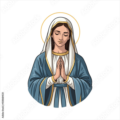 Serene depiction of the Virgin Mary, hands clasped in prayer, wearing a blue robe and veil.