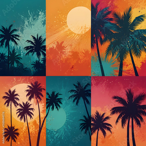 Tropical Palm Tree Collage with Sunset and Vibrant Summer Colors