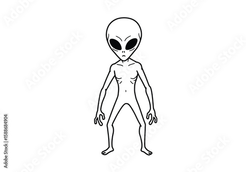 Scary alien drawing. It is a black and white outline image of a classic grey alien figure with a menacing expression, portraying a scary extraterrestrial. Vector sketch line art draw.
