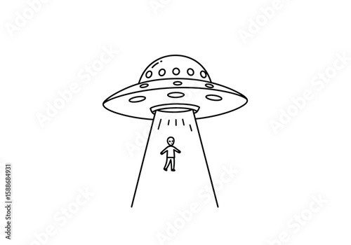Alien abduction drawing. It is a black and white outline image of a UFO abducting a human figure with a light beam, a classic sci-fi scene. Vector sketch line art draw.