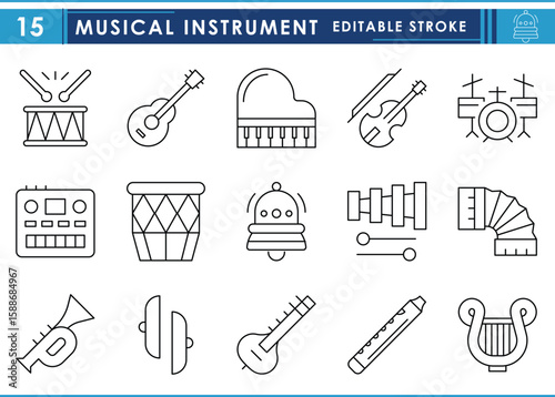 A set of line icons related to Musical Instruments. Music, guitar, DJ, piano, drum set, bell, vibraphone, flute, and so on. Vector editable stroke.